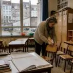 Εκπαιδευτικός τακτοποιεί καρέκλες ανάμεσα σε άδεια θρανία σε σχολική αίθουσα.