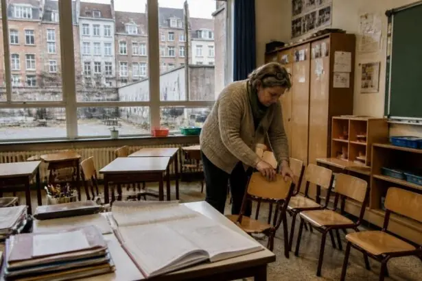 Εκπαιδευτικός τακτοποιεί καρέκλες ανάμεσα σε άδεια θρανία σε σχολική αίθουσα.