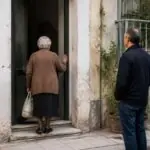Symbolbild: Ältere Frau am Eingang eines Wohnhauses in Thessaloniki, begleitet von Nachbarn