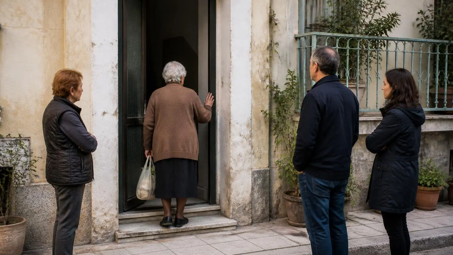 Symbolbild: Ältere Frau am Eingang eines Wohnhauses in Thessaloniki, begleitet von Nachbarn