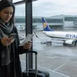 Ταξιδιώτης ελέγχει το κινητό του σε αίθουσα αναχωρήσεων, με αεροσκάφος της Ryanair στο βάθος.