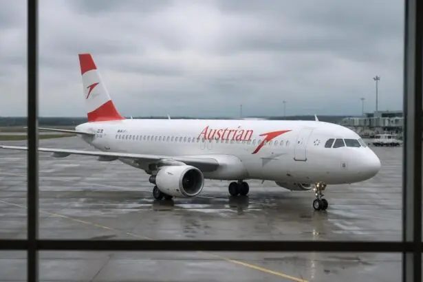 Επιβατικό αεροσκάφος της Austrian Airlines κινείται στον χώρο αεροδρομίου με συννεφιασμένο ουρανό.