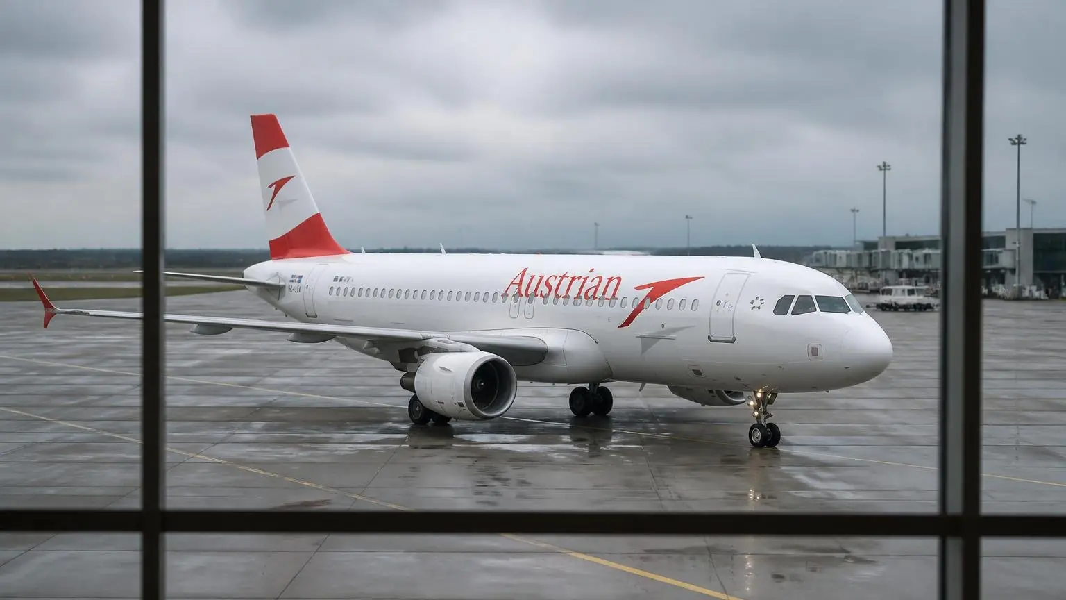 Επιβατικό αεροσκάφος της Austrian Airlines κινείται στον χώρο αεροδρομίου με συννεφιασμένο ουρανό.