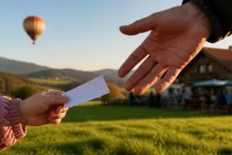 Συμβολική εικόνα με παιδικό χέρι που κρατά δελτίο λόττο και αερόστατο σε λιβάδι της Βαυαρίας