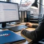 Υπολογιστής με ηλεκτρονική αλληλογραφία και έντυπο με το λογότυπο της AfD σε γραφείο.