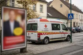 Συμβολική εικόνα ασθενοφόρου και αφίσας σε δρόμο της Κάτω Αυστρίας για την αντιπαράθεση σχετικά με την αφίσα του SPÖ
