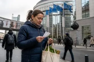 Άνθρωπος με σακούλα τροφίμων και απόδειξη αγορών σε δρόμο των Βρυξελλών, με ευρωπαϊκές σημαίες στο βάθος.