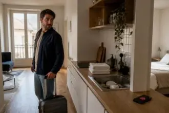 Επισκέπτης με βαλίτσα ετοιμάζεται να αναχωρήσει από κατάλυμα Airbnb με πιάτα στον νεροχύτη