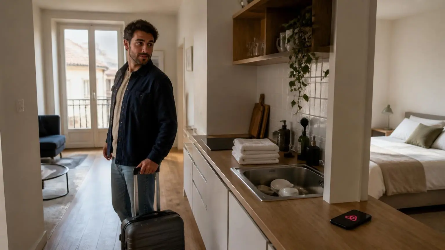 Επισκέπτης με βαλίτσα ετοιμάζεται να αναχωρήσει από κατάλυμα Airbnb με πιάτα στον νεροχύτη