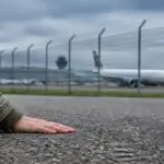 Συμβολική εικόνα χεριού στο οδόστρωμα δίπλα σε τροχοδρόμο αεροδρομίου με αεροσκάφος στο βάθος