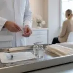Συμβολική εικόνα κλινικής αισθητικής με ιατρική σύριγγα και προσωπικό σε χώρο θεραπείας