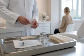 Συμβολική εικόνα κλινικής αισθητικής με ιατρική σύριγγα και προσωπικό σε χώρο θεραπείας