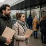 Συμβολική εικόνα ανθρώπων με φακέλους εγγράφων έξω από υπηρεσία μετανάστευσης στην Ολλανδία