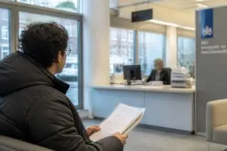 Άτομο με φάκελο εγγράφων σε χώρο εξυπηρέτησης αιτήσεων διαμονής στην Ολλανδία.