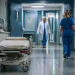 Συμβολική εικόνα διαδρόμου χειρουργείων νοσοκομείου στη Βιέννη με προσωπικό και άδειο φορείο
