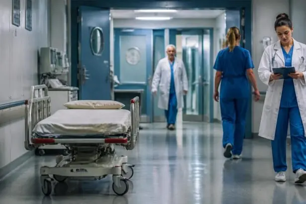 Συμβολική εικόνα διαδρόμου χειρουργείων νοσοκομείου στη Βιέννη με προσωπικό και άδειο φορείο