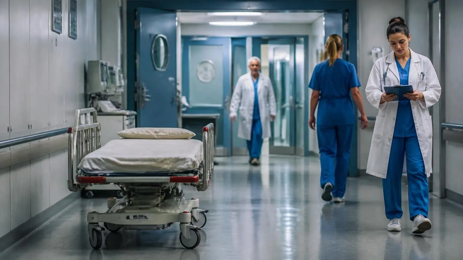 Συμβολική εικόνα διαδρόμου χειρουργείων νοσοκομείου στη Βιέννη με προσωπικό και άδειο φορείο