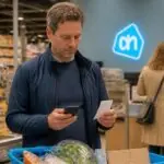 Πελάτης σε κατάστημα Albert Heijn στην Ολλανδία ελέγχει απόδειξη και κινητό τηλέφωνο