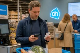 Πελάτης σε κατάστημα Albert Heijn στην Ολλανδία ελέγχει απόδειξη και κινητό τηλέφωνο