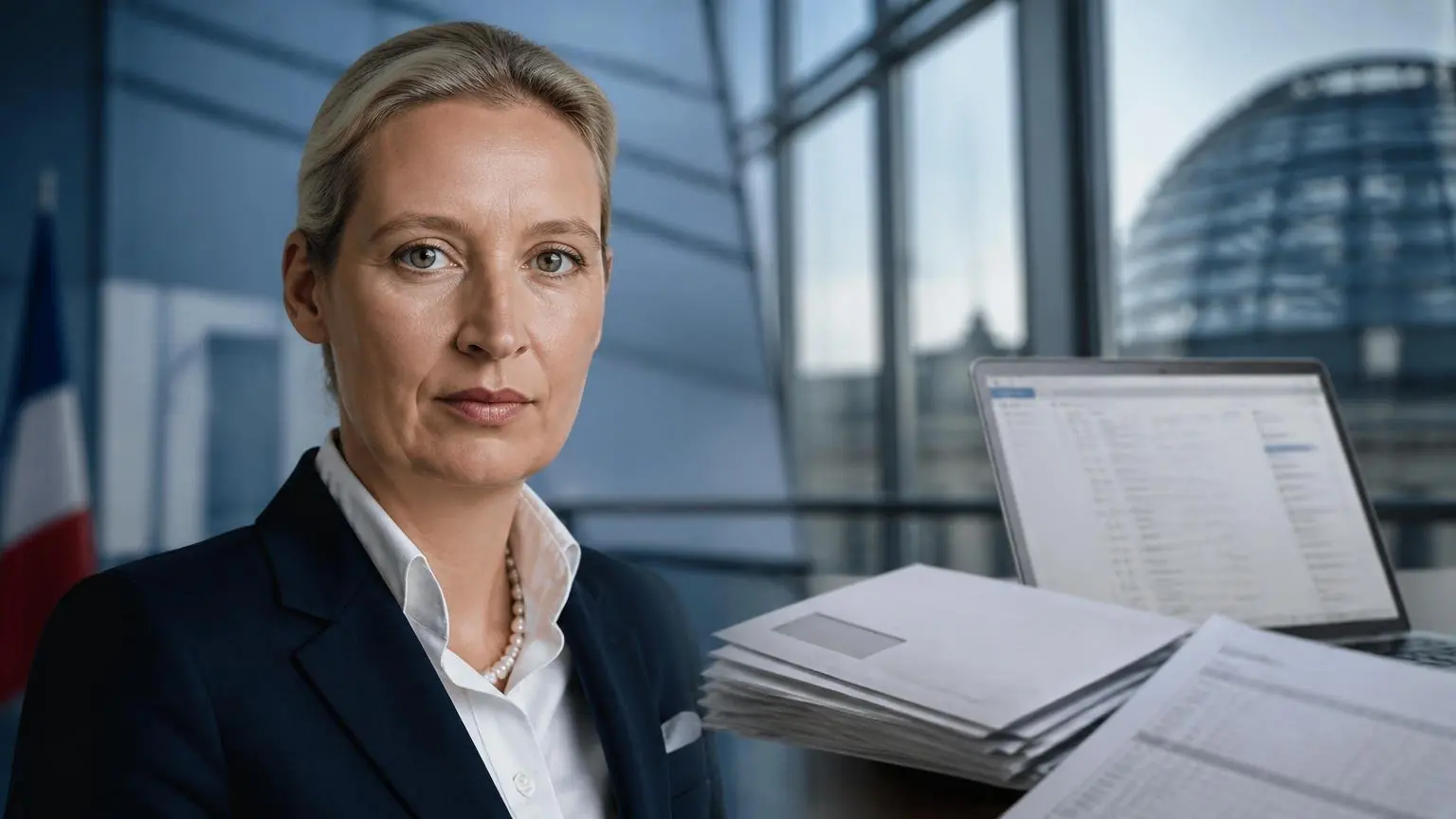 Συμβολική απεικόνιση της Alice Weidel με φόντο έγγραφα και ηλεκτρονική αλληλογραφία