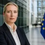 Η Alice Weidel σε συμβολική σύνθεση με σημαίες της Ευρωπαϊκής Ένωσης σε σύγχρονο θεσμικό χώρο.
