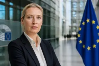 Η Alice Weidel σε συμβολική σύνθεση με σημαίες της Ευρωπαϊκής Ένωσης σε σύγχρονο θεσμικό χώρο.