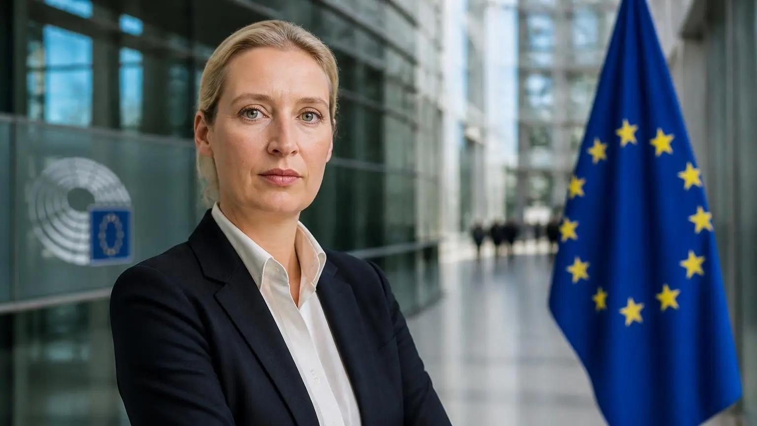 Η Alice Weidel σε συμβολική σύνθεση με σημαίες της Ευρωπαϊκής Ένωσης σε σύγχρονο θεσμικό χώρο.