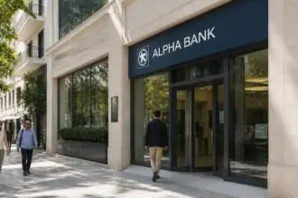 Symbolbild: Eingang einer Bankfiliale in einer griechischen Stadt mit Passanten