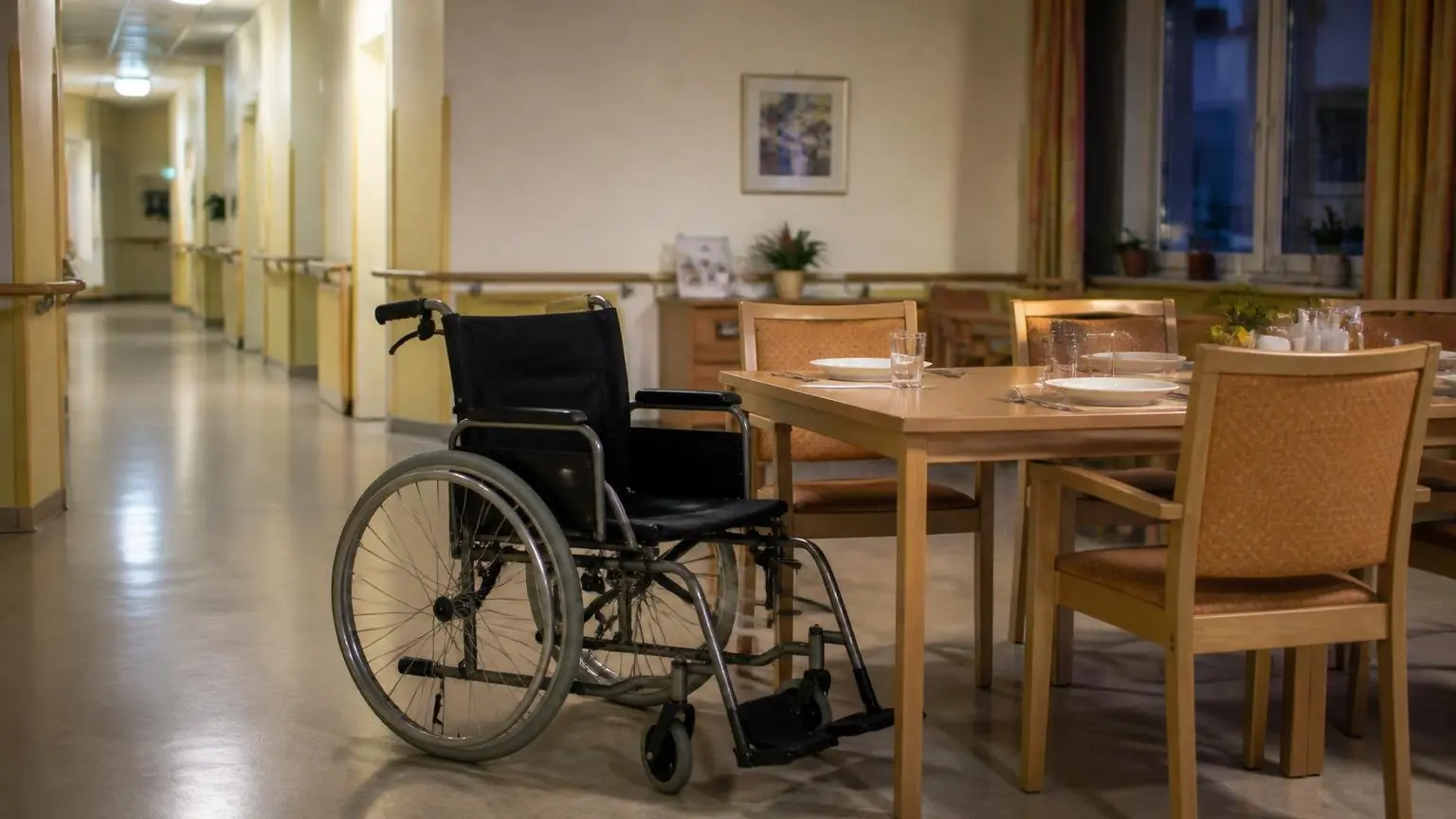 Άδειο αναπηρικό αμαξίδιο δίπλα σε τραπέζι τραπεζαρίας μονάδας φροντίδας ηλικιωμένων.