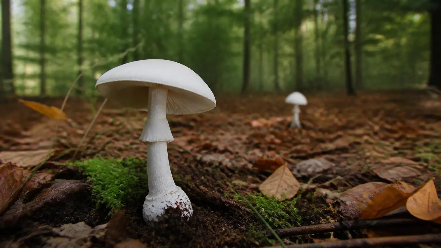 Λευκό δηλητηριώδες μανιτάρι Amanita virosa σε δασικό έδαφος στην Ολλανδία
