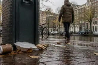Ποτήρι καφέ μιας χρήσης και δοχεία φαγητού σε κάδο απορριμμάτων στο Άμστερνταμ