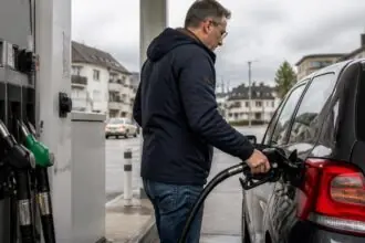 Οδηγός ανεφοδιάζει αυτοκίνητο με καύσιμα σε πρατήριο στην Ελβετία.