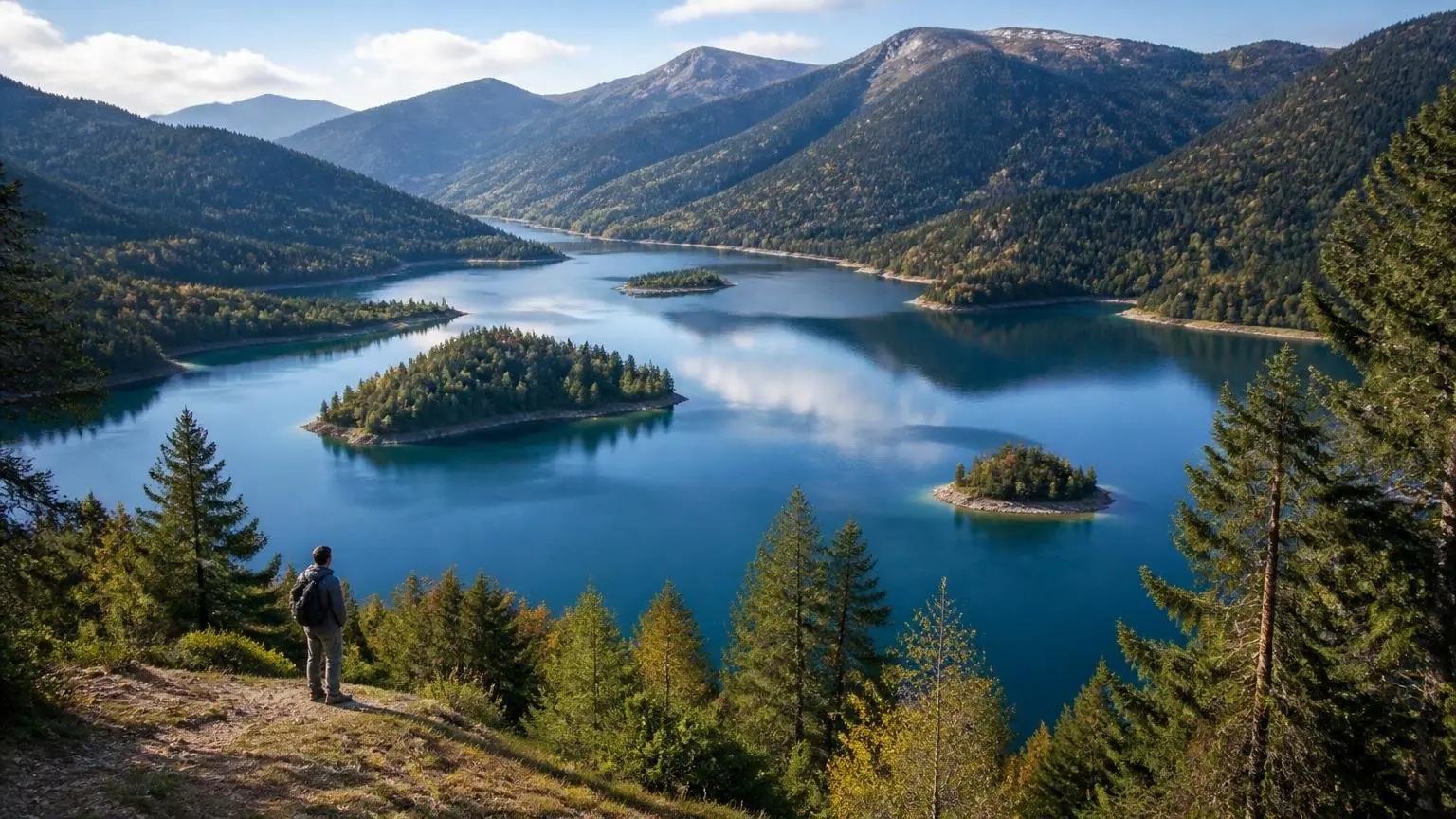 Symbolbild einer bewaldeten Bergseenlandschaft mit kleinen grünen Inseln im Pindosgebirge