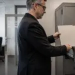 Υπάλληλος τοποθετεί φάκελο εγγράφων σε ασφαλές μεταλλικό ερμάριο γερμανικής υπηρεσίας