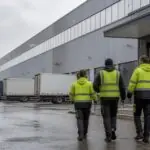 Συμβολική απεικόνιση εργαζομένων μπροστά σε μεγάλο κέντρο logistics στη Γερμανία