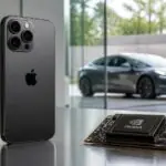 Συμβολική εικόνα με smartphone Apple, μικροκύκλωμα και ηλεκτρικό αυτοκίνητο Tesla για την κατάταξη εμπορικών σημάτων του 2026