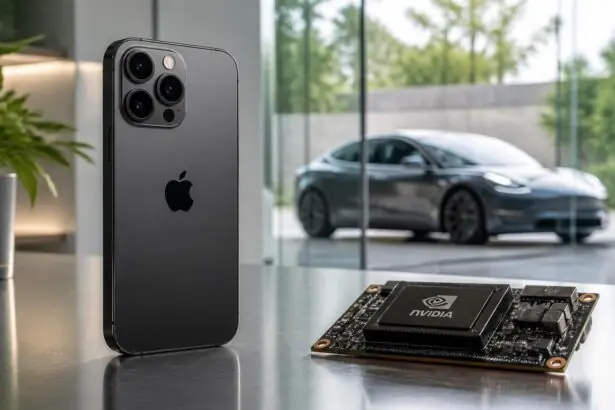 Συμβολική εικόνα με smartphone Apple, μικροκύκλωμα και ηλεκτρικό αυτοκίνητο Tesla για την κατάταξη εμπορικών σημάτων του 2026