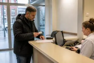 Ασθενής παρουσιάζει κάρτα ασφάλισης στον χώρο υποδοχής ιατρείου στο Βέλγιο.