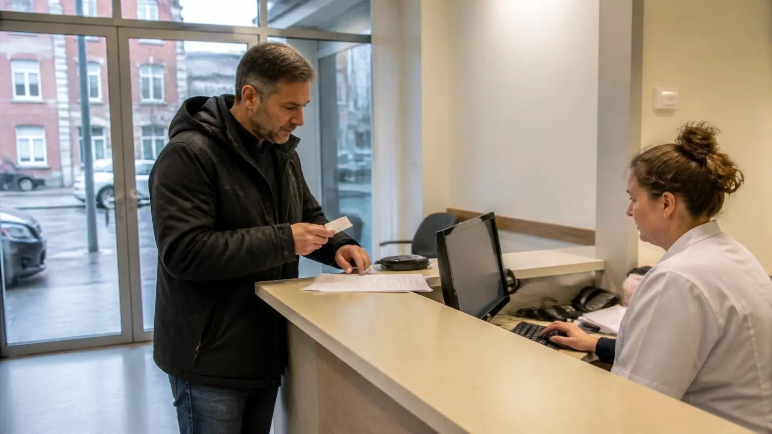 Ασθενής παρουσιάζει κάρτα ασφάλισης στον χώρο υποδοχής ιατρείου στο Βέλγιο.