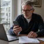 Άνθρωπος εξετάζει μήνυμα στο κινητό δίπλα σε υπολογιστή και συνταξιοδοτικά έγγραφα σε κατοικία της Ζυρίχης.