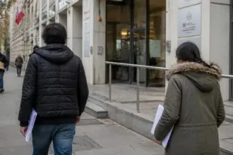 Συμβολική εικόνα επισκεπτών έξω από δημόσιο κτίριο στην Αυστρία για διαδικασίες ασύλου