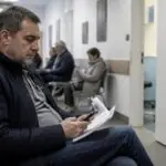 Ασθενής περιμένει σε χώρο αναμονής ιατρείου και ελέγχει το κινητό του.