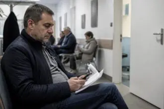Ασθενής περιμένει σε χώρο αναμονής ιατρείου και ελέγχει το κινητό του.