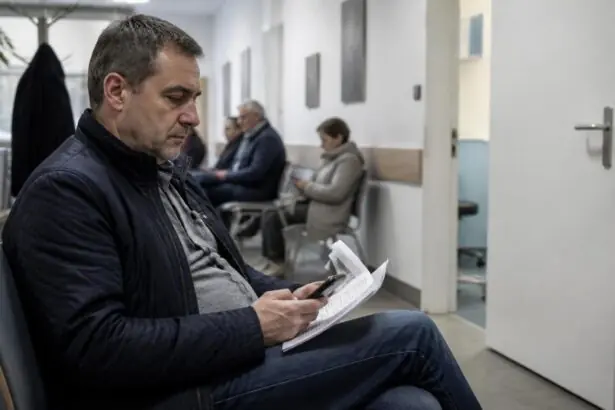 Ασθενής περιμένει σε χώρο αναμονής ιατρείου και ελέγχει το κινητό του.
