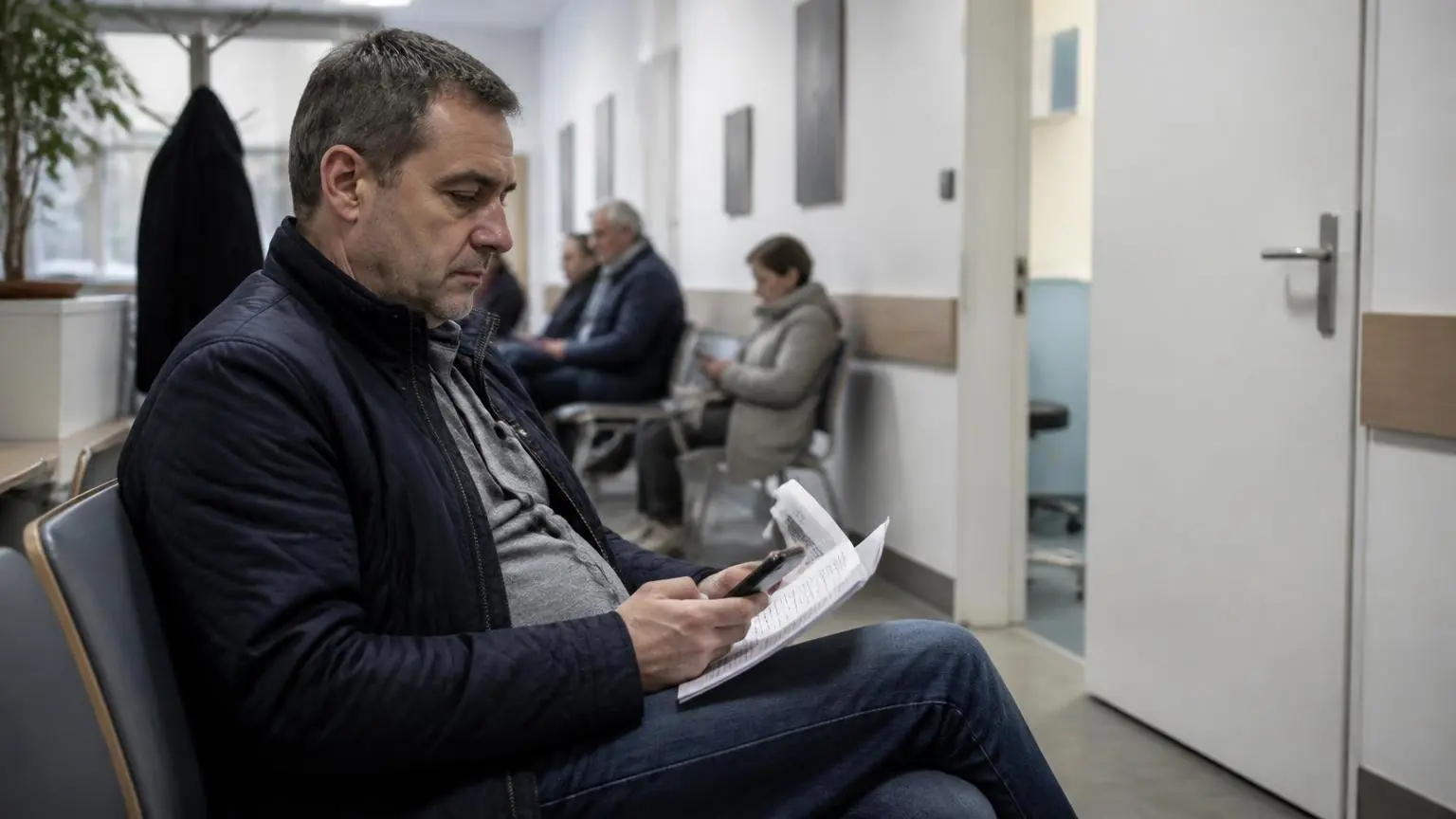 Ασθενής περιμένει σε χώρο αναμονής ιατρείου και ελέγχει το κινητό του.