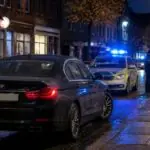 Συμβολική εικόνα με BMW και αστυνομικά οχήματα σε αποκλεισμένο δρόμο γερμανικής πόλης τη νύχτα