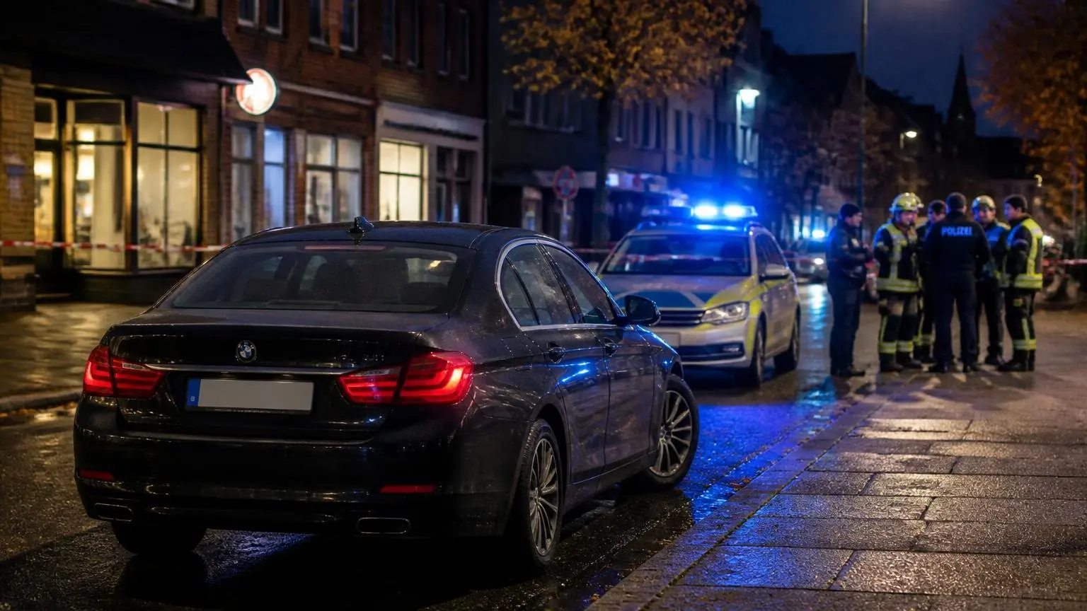 Συμβολική εικόνα με BMW και αστυνομικά οχήματα σε αποκλεισμένο δρόμο γερμανικής πόλης τη νύχτα