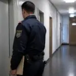 Αστυνομικός με σκούρα μπλε στολή σε διάδρομο υπηρεσιακού κτιρίου στην Αυστρία.