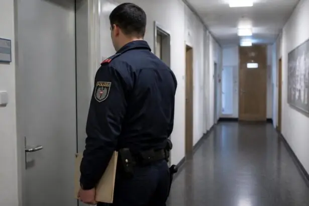 Αστυνομικός με σκούρα μπλε στολή σε διάδρομο υπηρεσιακού κτιρίου στην Αυστρία.