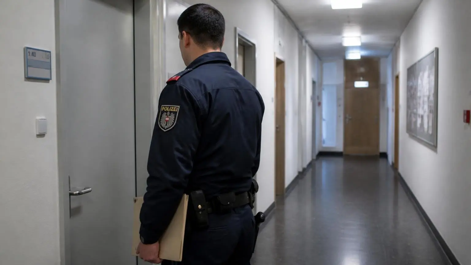 Αστυνομικός με σκούρα μπλε στολή σε διάδρομο υπηρεσιακού κτιρίου στην Αυστρία.